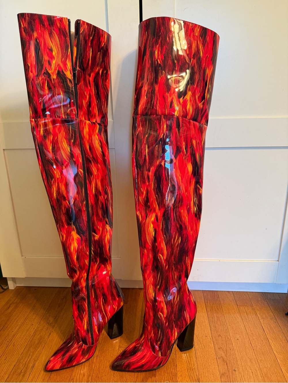 Marcell Von Berlin Over-the-Knee Patent Leather Flame High Heel Boots, size EU39